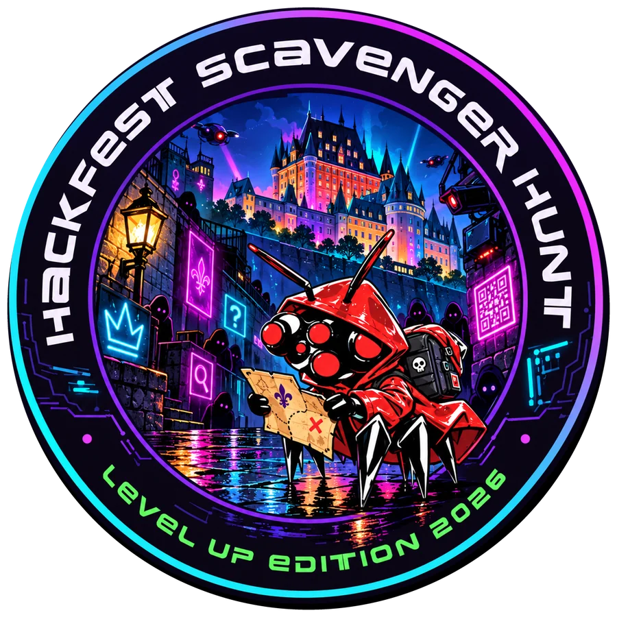 Hackfest Scavenger Hunt, Level Up Edition 2026 : le Sentinel du Hackfest en imperméable rouge, carte au trésor en main, devant le Château Frontenac